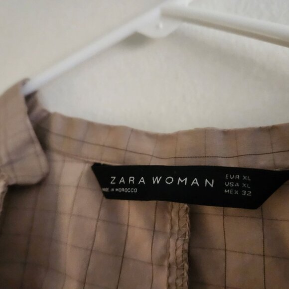 ZARA Blouse Pleated Long Sleeve Plaid Grid Taupe Mauve - Picture 5 of 5